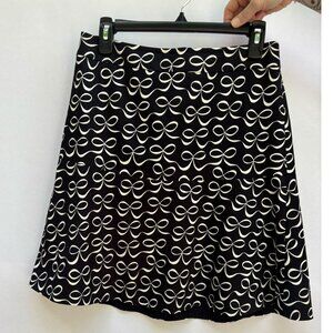 Kate Spade Skirt, Black with White Ribbon Bows Print, Gold Back Zipper, Size 8